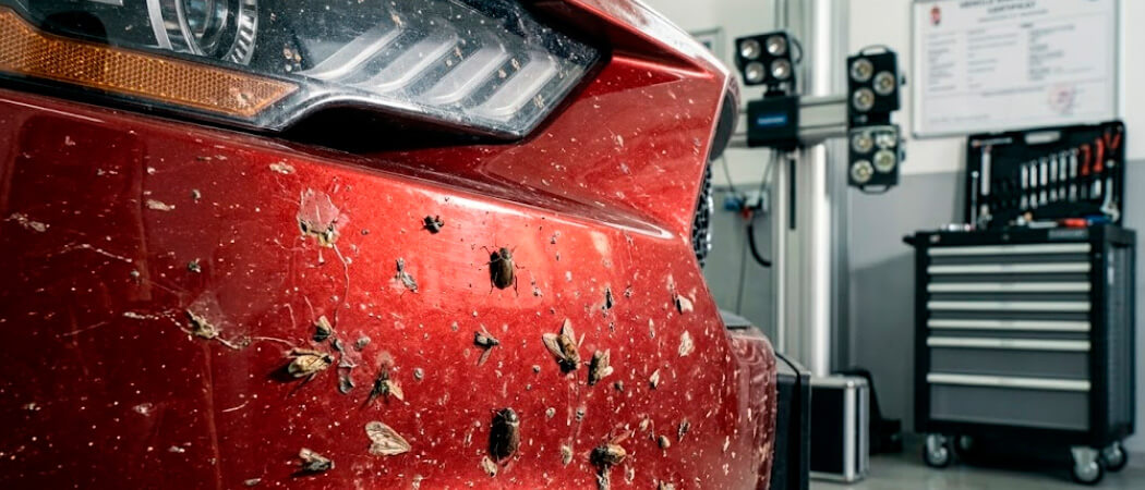 dried bug splatters and bird droppings on hot car paint in summer