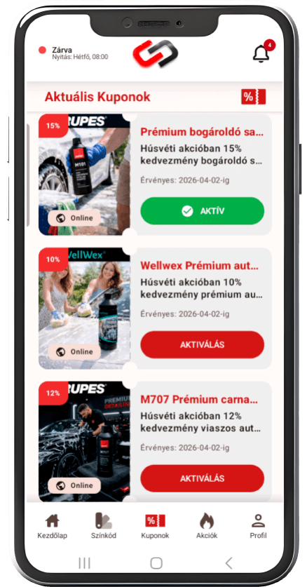 CarColor+ kuponok képernyő